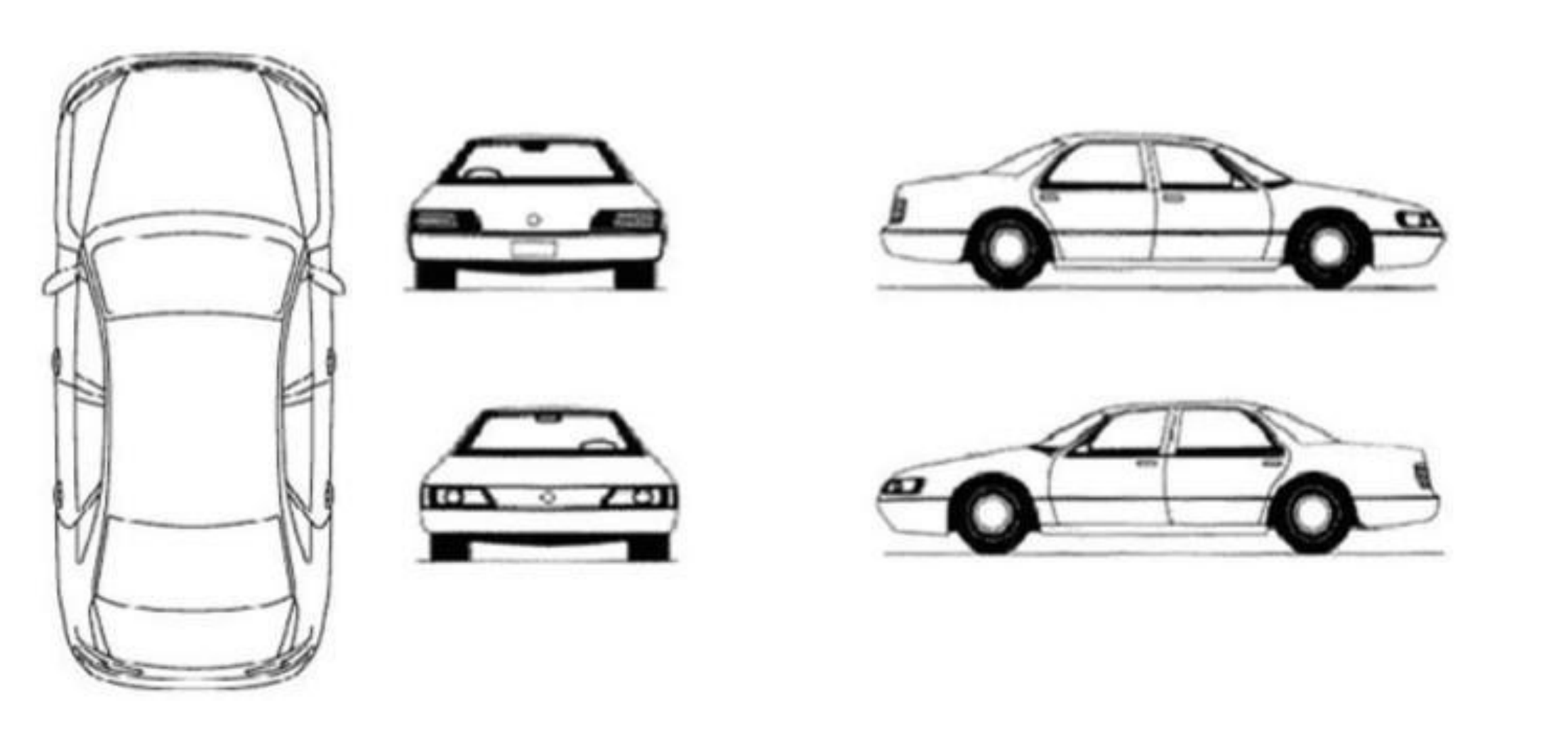 Vehicle diagram — top, front, rear and side views to mark damage on